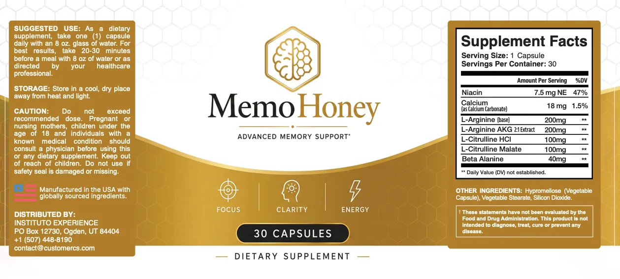 MemoHoney label ingredients supplement facts